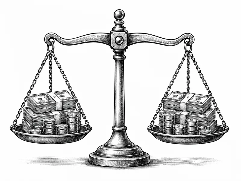 Minh họa vẽ tay đen trắng của Hạo Nhiên về một chiếc cân thăng bằng, mỗi bên đặt một lượng tiền tương đương, tượng trưng cho sự cân bằng tài chính và giá trị ngang bằng