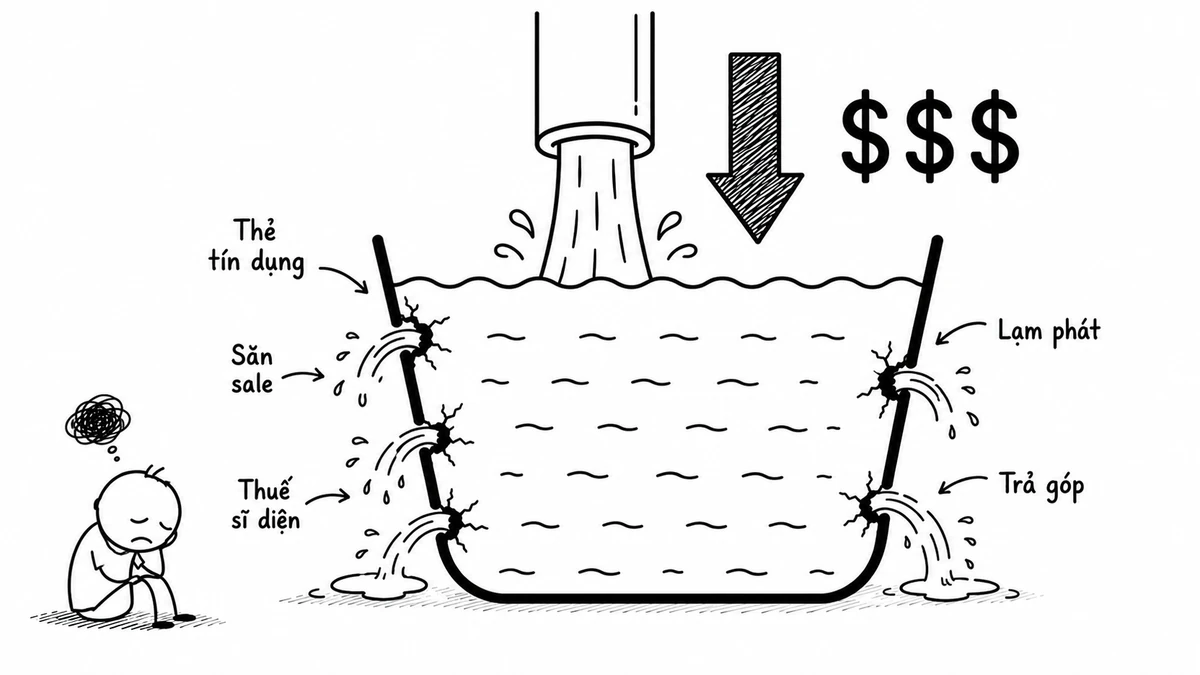 Minh hoạ bể tài chính bị rò rỉ với các lỗ thất thoát như thẻ tín dụng, săn sale, thuế sĩ diện, lạm phát và trả góp. Hình minh hoạ từ Hạo Nhiên giúp giải thích khái niệm luồng tiền thông minh (Smart Money Stream) và cách nhận diện các lỗ rò rỉ tài chính cá nhân