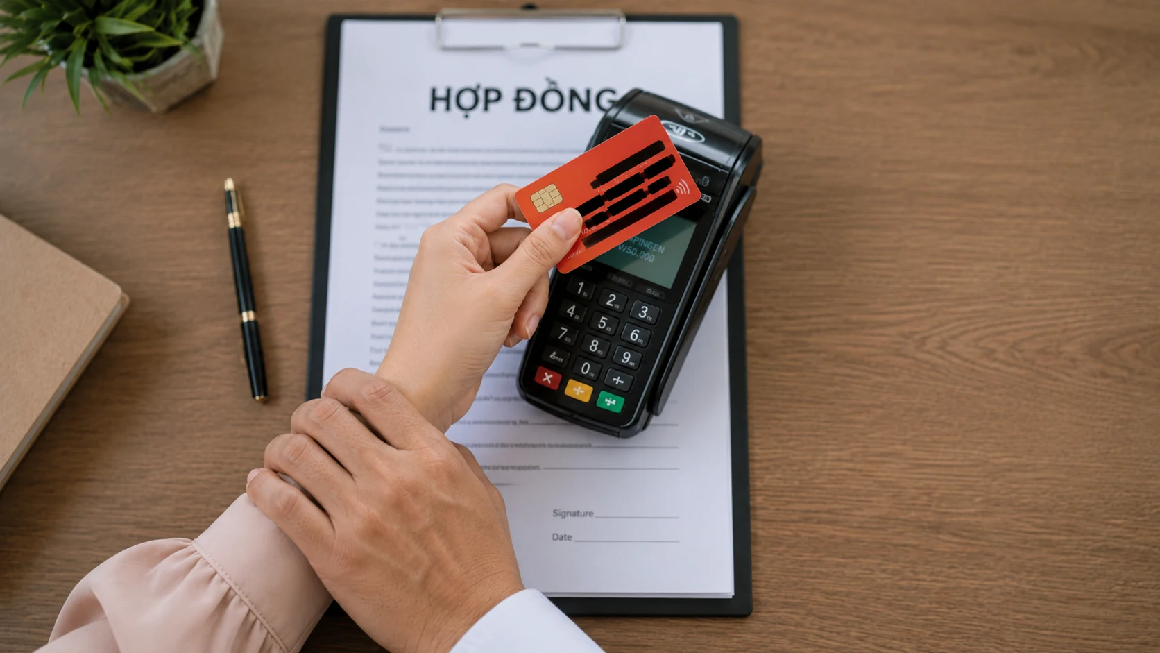 Cánh tay đang chuẩn bị thanh toán cho một cơ hội đầu tư, minh họa khoảnh khắc cần dừng lại để xây dựng luồng tiền thông minh trước khi xuống tiền